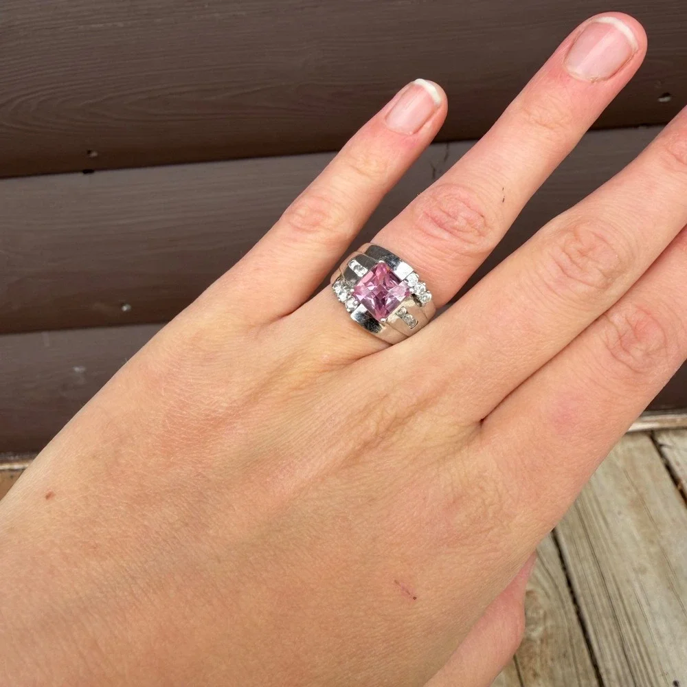 925 Sterling Silver Pink Stone Statement Ring Womens Size 7.5 Silver Pink Large